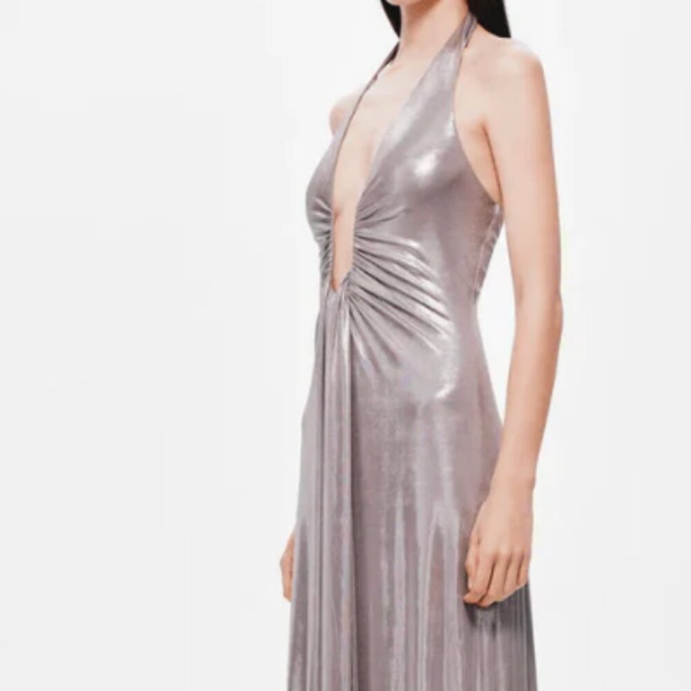 Misha Silver/gray halter plunge maxi dress "the jennifer foil jersey cinder EU34